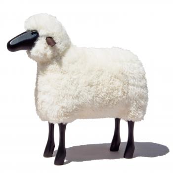 sheep, curly white fur, black coloured wood