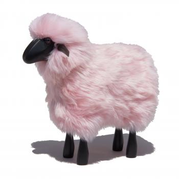 lamb, pink fur, black coloured wood