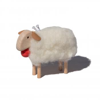 mini-sheep, red bell, white plush, beech wood