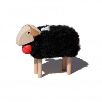 mini-sheep, red bell, black plush, beech wood