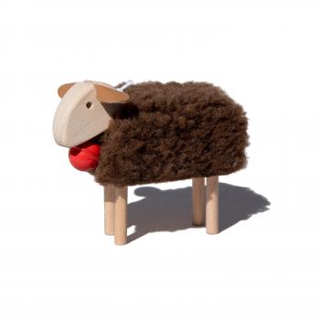 mini-sheep, red bell, brown plush, beech wood