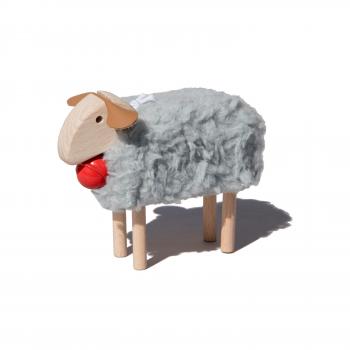 mini-sheep, red bell, grey plush, beech wood