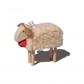 mini-sheep, red bell, beige plush, beech wood