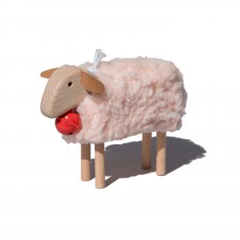 mini-sheep, red bell, pink plush, beech wood