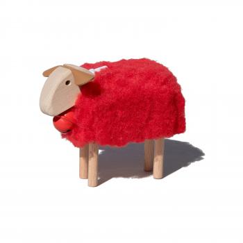 mini-sheep, red bell, red plush, beech wood