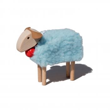 mini-sheep, red bell, light blue plush, beech wood