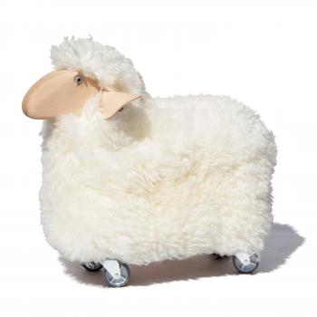 sheep, small, on wheels, white fur, beech wood