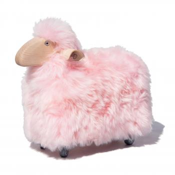 sheep, small, on wheels, pink fur, beech wood