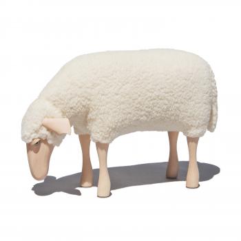 sheep, small, grazing, white wool plush, beech wood