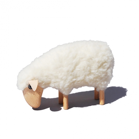 tiny little lamb, grazing, white wool plush, beech wood