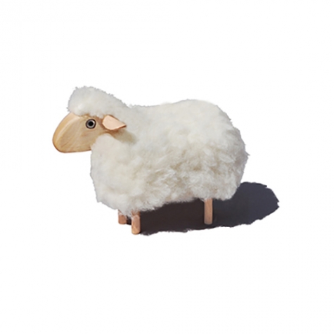 tiny sheep, white wool plush, beech wood