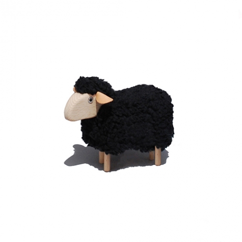 tiny sheep, black wool plush, beech wood