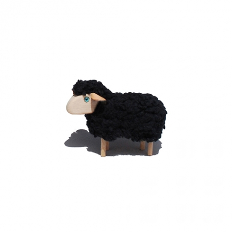 super tiny sheep, black wool plush, beech wood