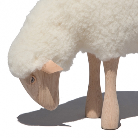 lamb, grazing, white wool plush, beech wood