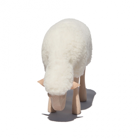 lamb, grazing, white wool plush, beech wood