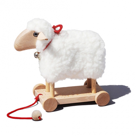 tiny little pull along lamb, white wool plush, beech wood