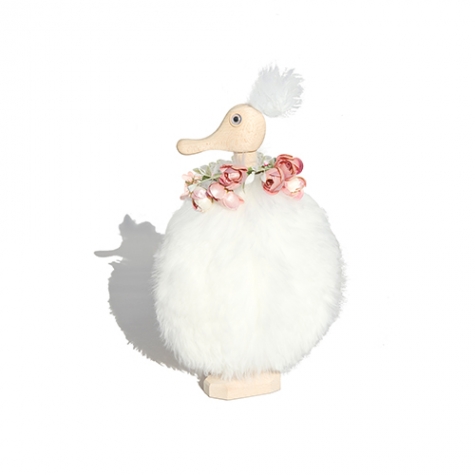 duck, small, in fur garment, white fur, beech wood