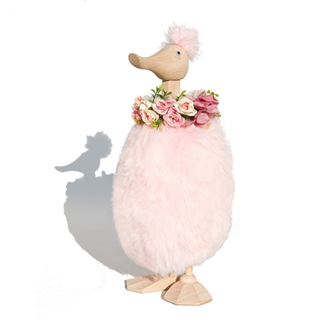 duck, in fur garment, pink fur, beech wood