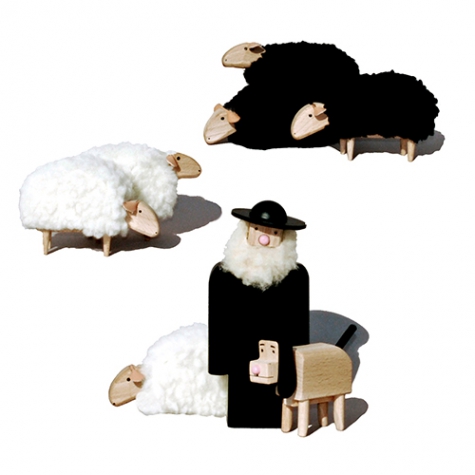 crib sheep, beech wood, white or black wool plush